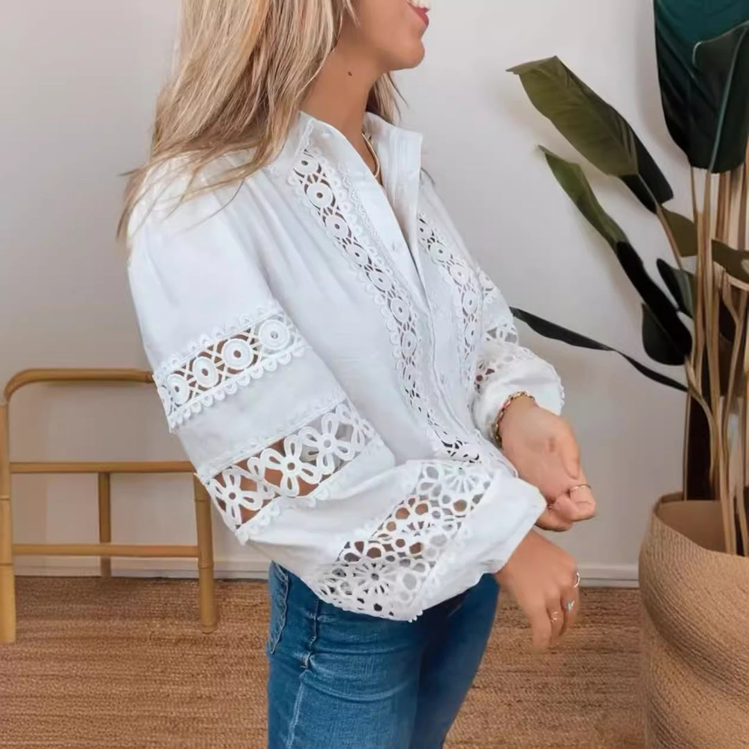 Damen Bluse mit kunstvollen Häkel- und Lochstrickdetails Drune