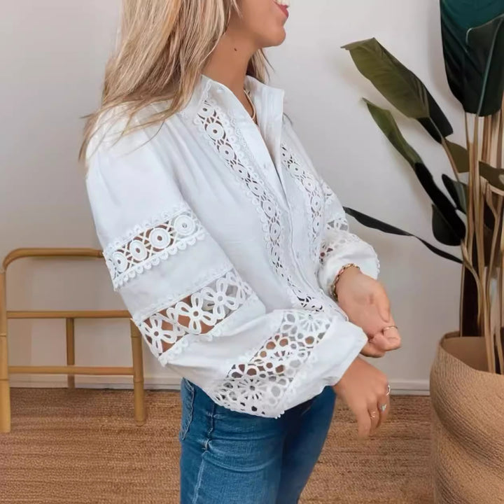 Damen Bluse mit kunstvollen Häkel- und Lochstrickdetails Drune
