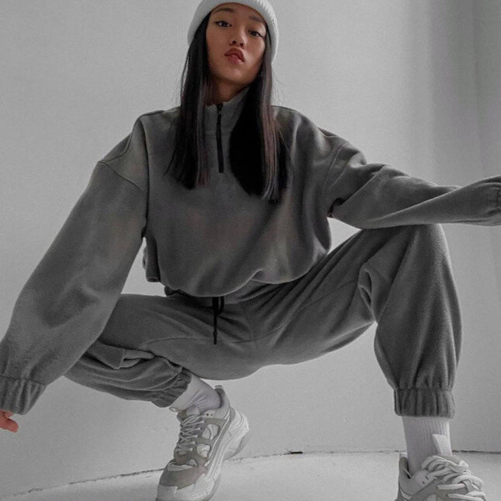 Damen komfortabler Fleece-Jogginganzug mit hohem Kragen und elastischen Bündchen Drune