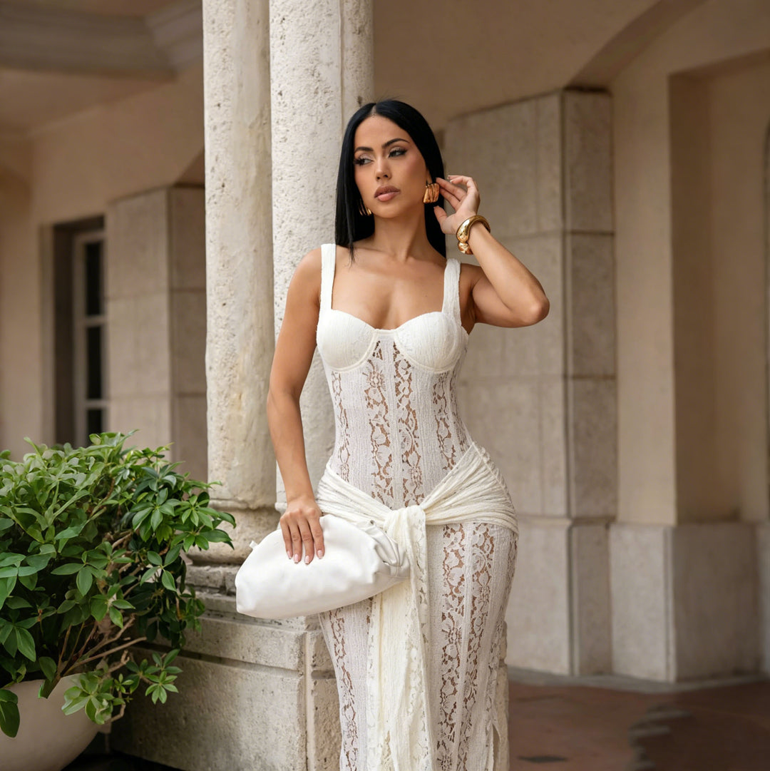 Damen Elegantes Spitzenkleid mit tailliertem Körper und weichem Fall Drune