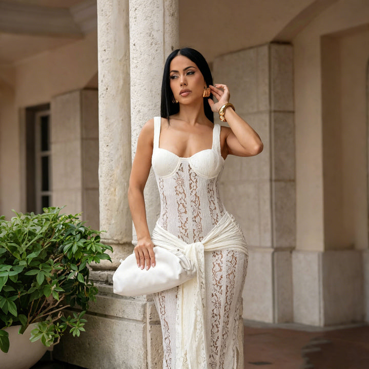 Damen Elegantes Spitzenkleid mit tailliertem Körper und weichem Fall Drune