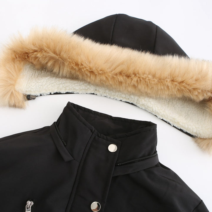 Damen modische Outdoor-Jacke mit abnehmbarem Kunstfellkragen und elastischem Taillenzug Drune