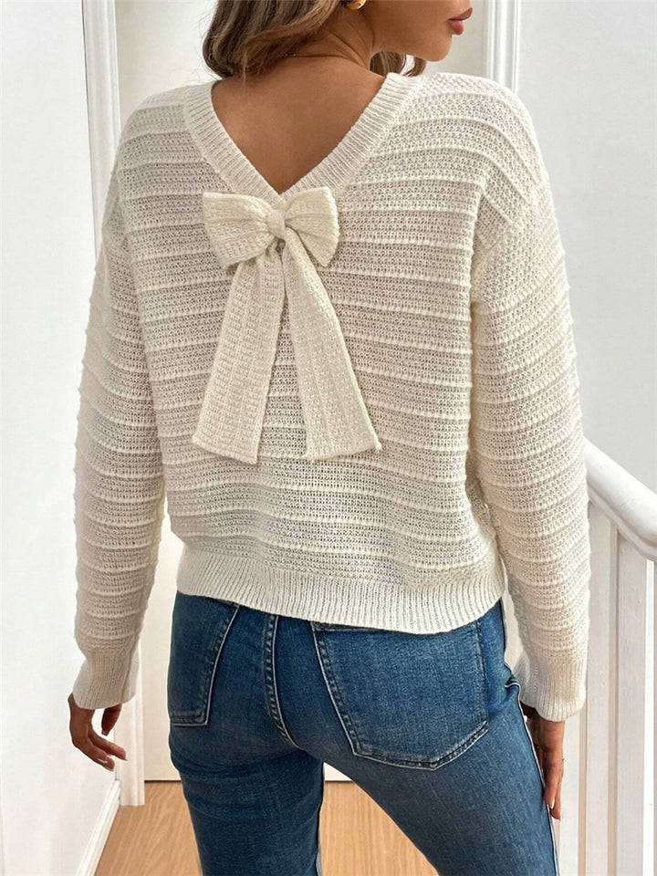 Damen Strickpullover mit V-Ausschnitt und dekorativem Schleifenelement Drune