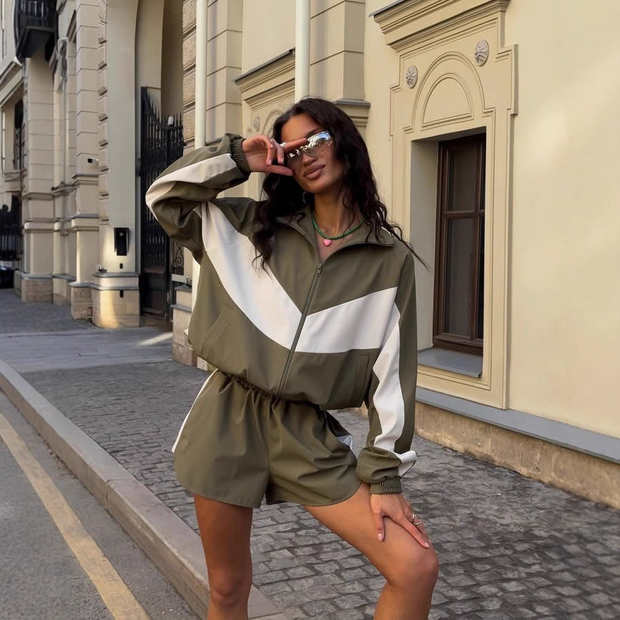Damen nan lässiges Athleisure-Set mit windabweisender Kurzjacke, Stehkragen und elastischen Highwaist-Shorts Drune