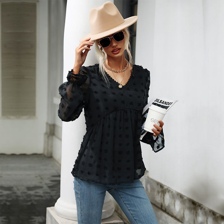 Damen luftige Bluse mit Rüschendetails und dekorativem Punkte-Design Drune