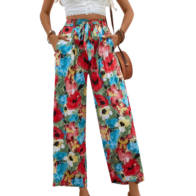 Damen weite Hose mit floralem Mustermix und elastischem Taillenzug Drune