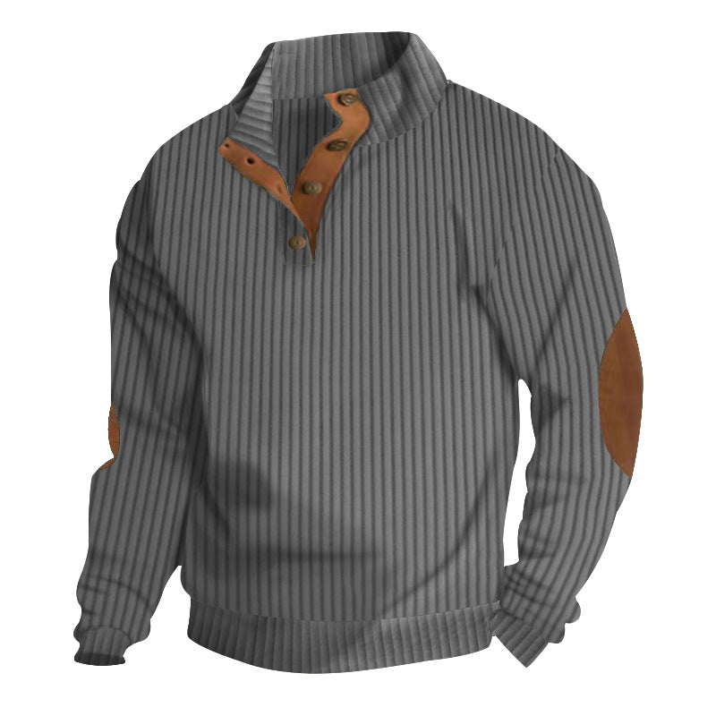 Herren nan strukturierter Ripp-Pullover mit kurzem Knopfkragen und Wildleder-Ellbogenpatches Drune
