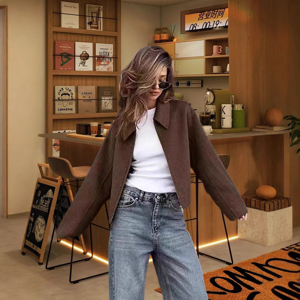 Damen Modische Kurzjacke mit voluminösen Ärmeln und lässigem Schnitt Drune