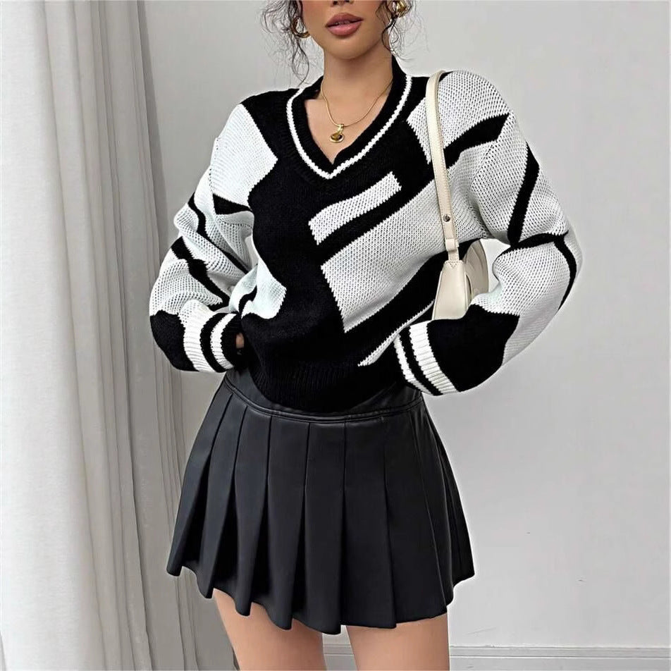 Damen moderner Strickpullover mit V-Ausschnitt und grafischem Muster Drune