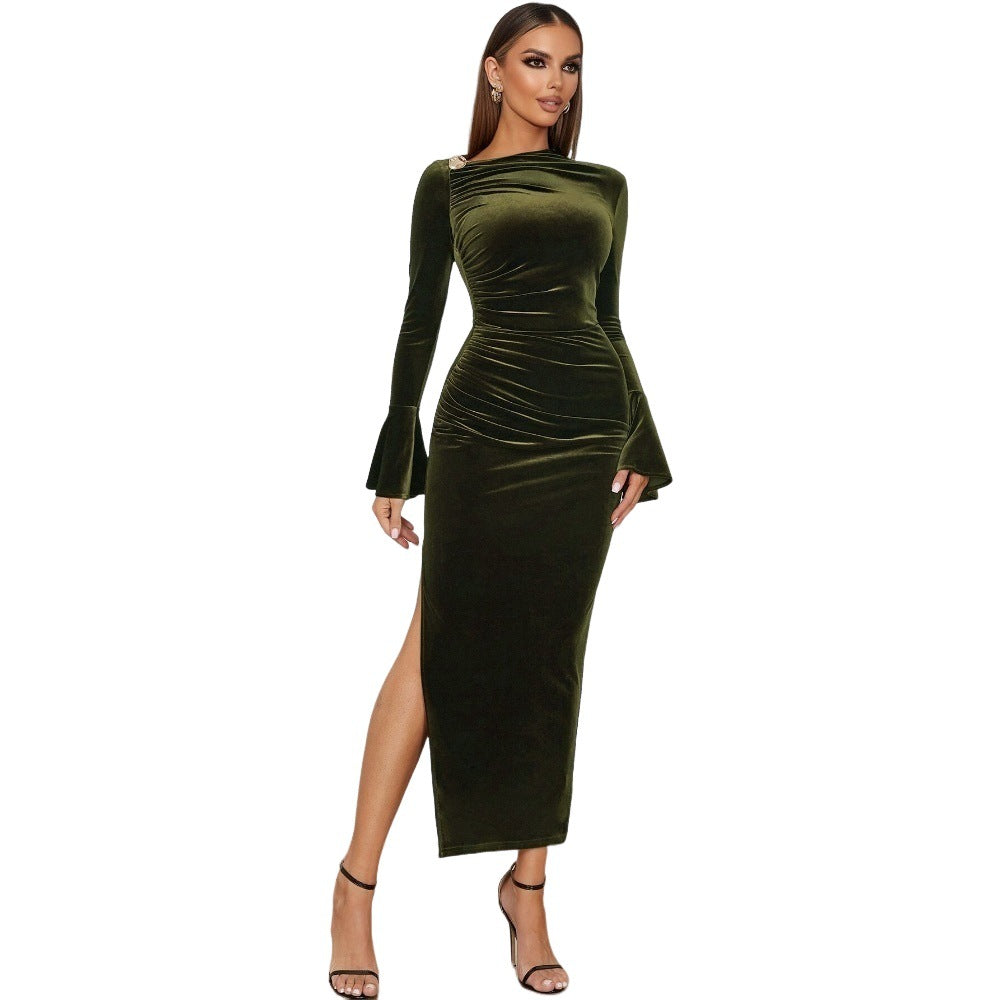 Damen Maxikleid aus luxuriösem Samt mit elegantem V-Ausschnitt und raffinierten Rüschendetails Drune