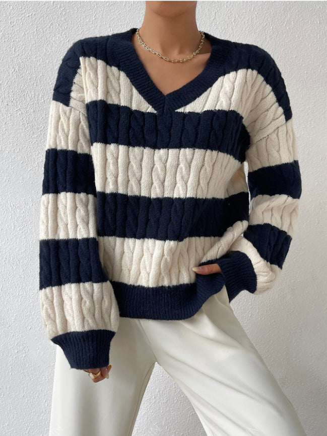 Damen Grobstrickpullover mit modischem V-Ausschnitt und buntem Streifenmuster Drune