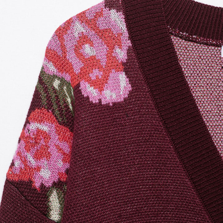 Damen Strickjacke mit floralem Muster und tiefem V-Ausschnitt Drune