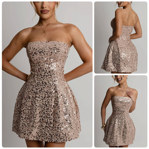 Damen Cocktailkleid mit funkelnden Pailletten und schulterfreiem Design Drune