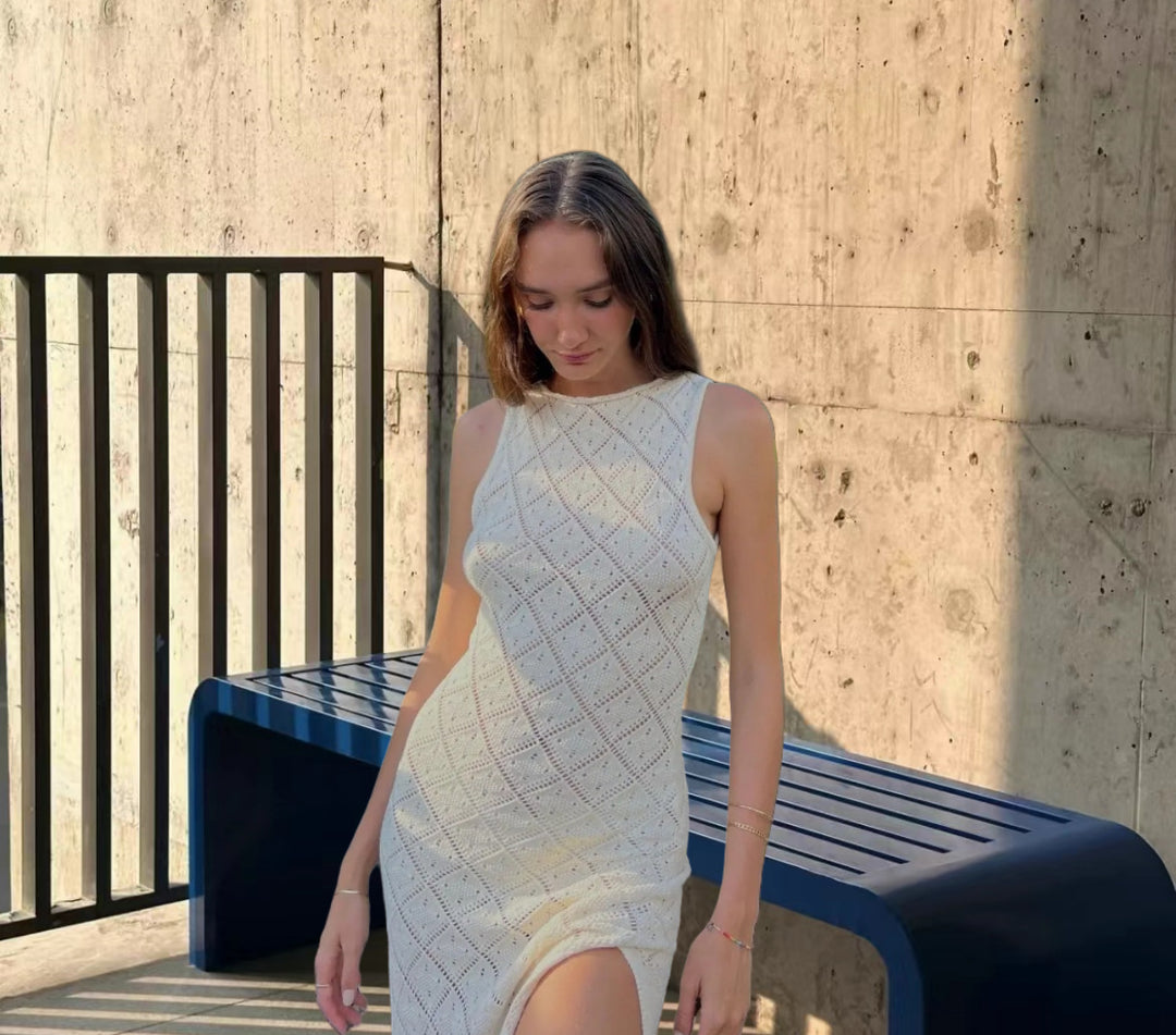 Damen Maxikleid mit dekorativem Rautengewebe und seitlichem Schlitz Drune