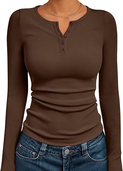 Damen Figurbetontes Langarmshirt mit Knopfleiste und Rippstruktur Drune