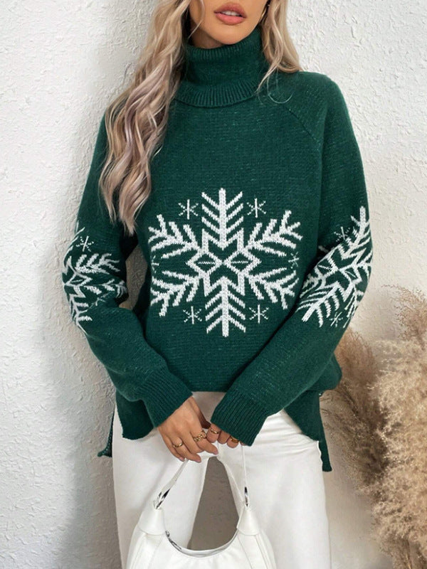 Damen Strickpullover mit hohem Kragen und festlichem Schneeflocken-Motiv Drune