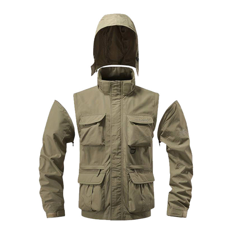 Herren nan multifunktionale Fieldjacke mit Kapuze, zahlreichen Klapp- und Reißverschlusstaschen sowie wind- und wasserabweisender Membran Drune