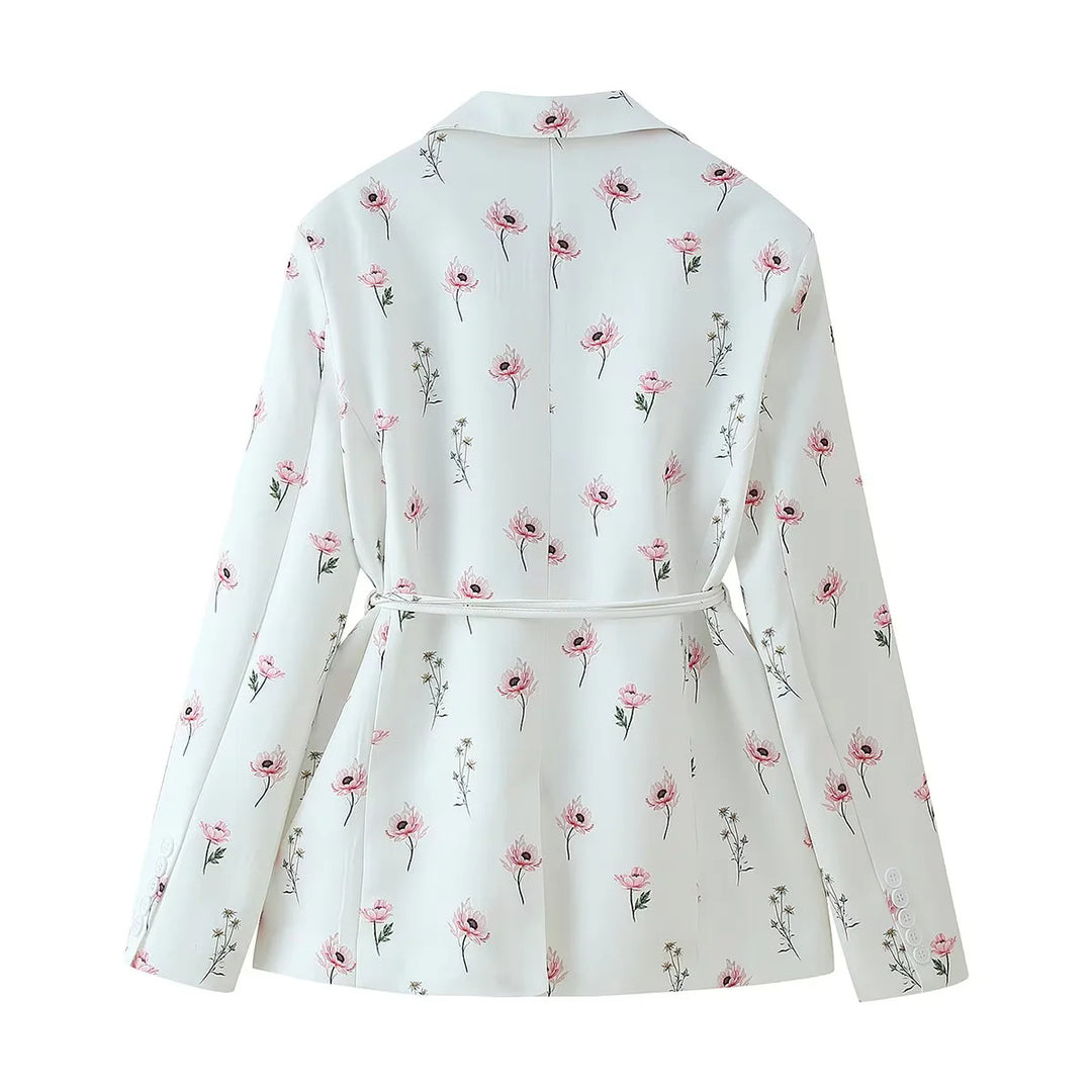 Damen elegante Blazerjacke mit floralem Muster und taillierbarem Gürtel Drune
