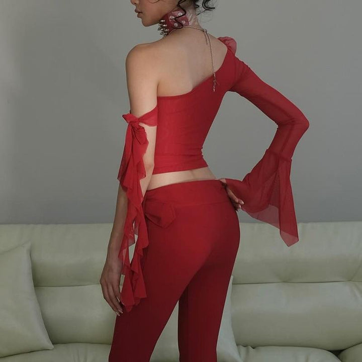 Damen Off-Shoulder Oberteil mit transparenten Ärmeln und dekorativen Akzenten Drune