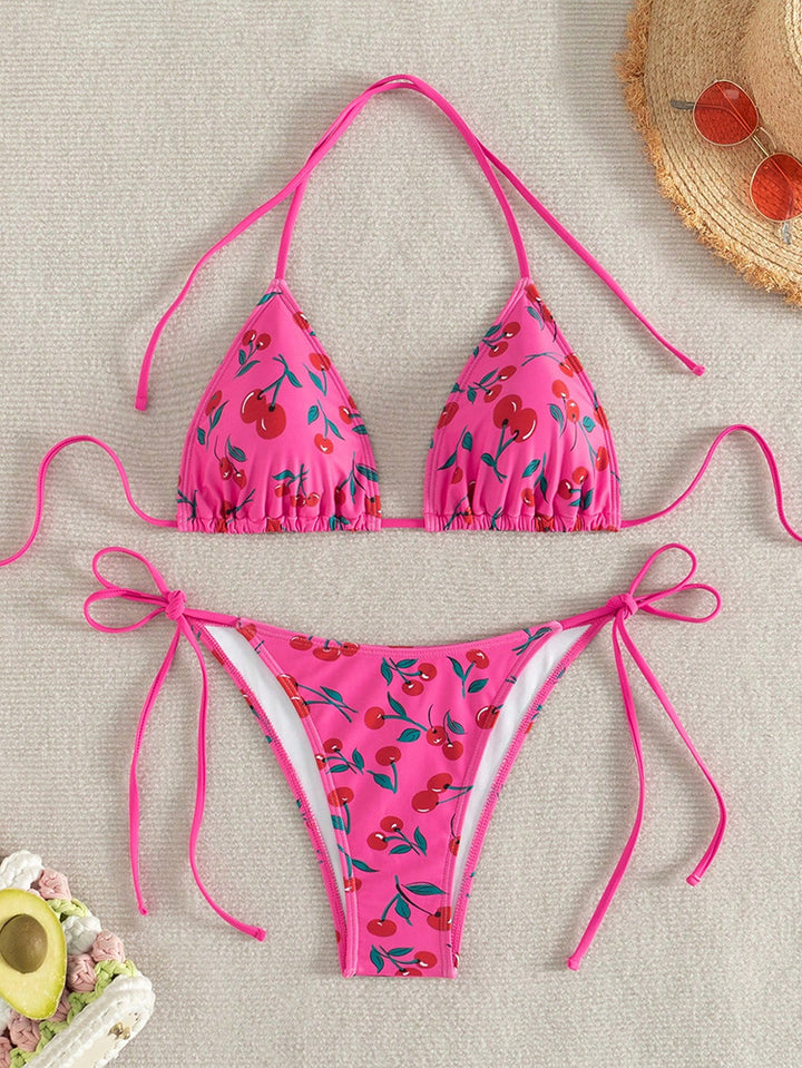 Damen Triangel-Bikini mit frischem Kirschmotiv und verstellbaren Bindebändern Drune