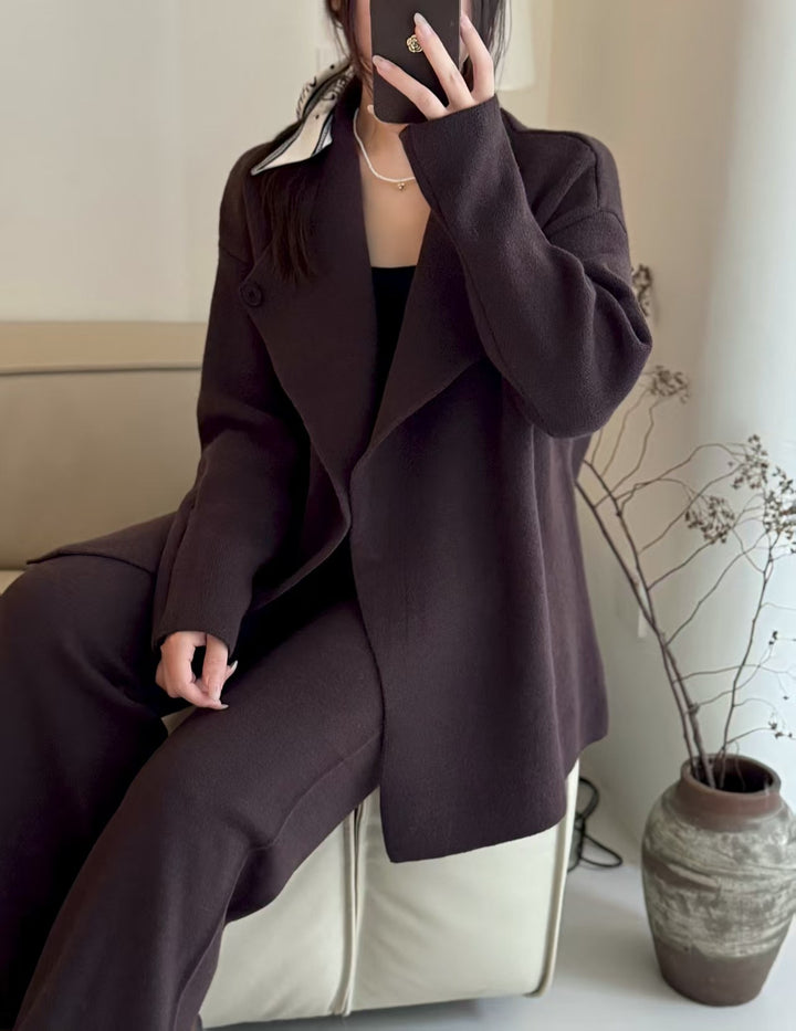 Damen Eleganter Blazer mit tailliertem Gürtel und feiner Textur Drune