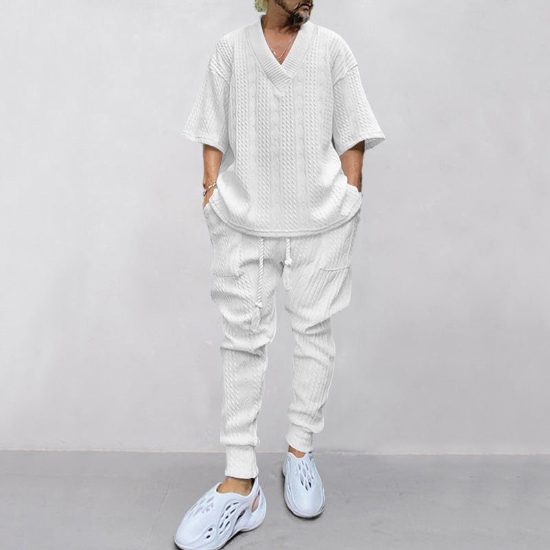 Herren nan lässiges Strickset mit V-Ausschnitt und Kordelzug-Joggerhose Drune
