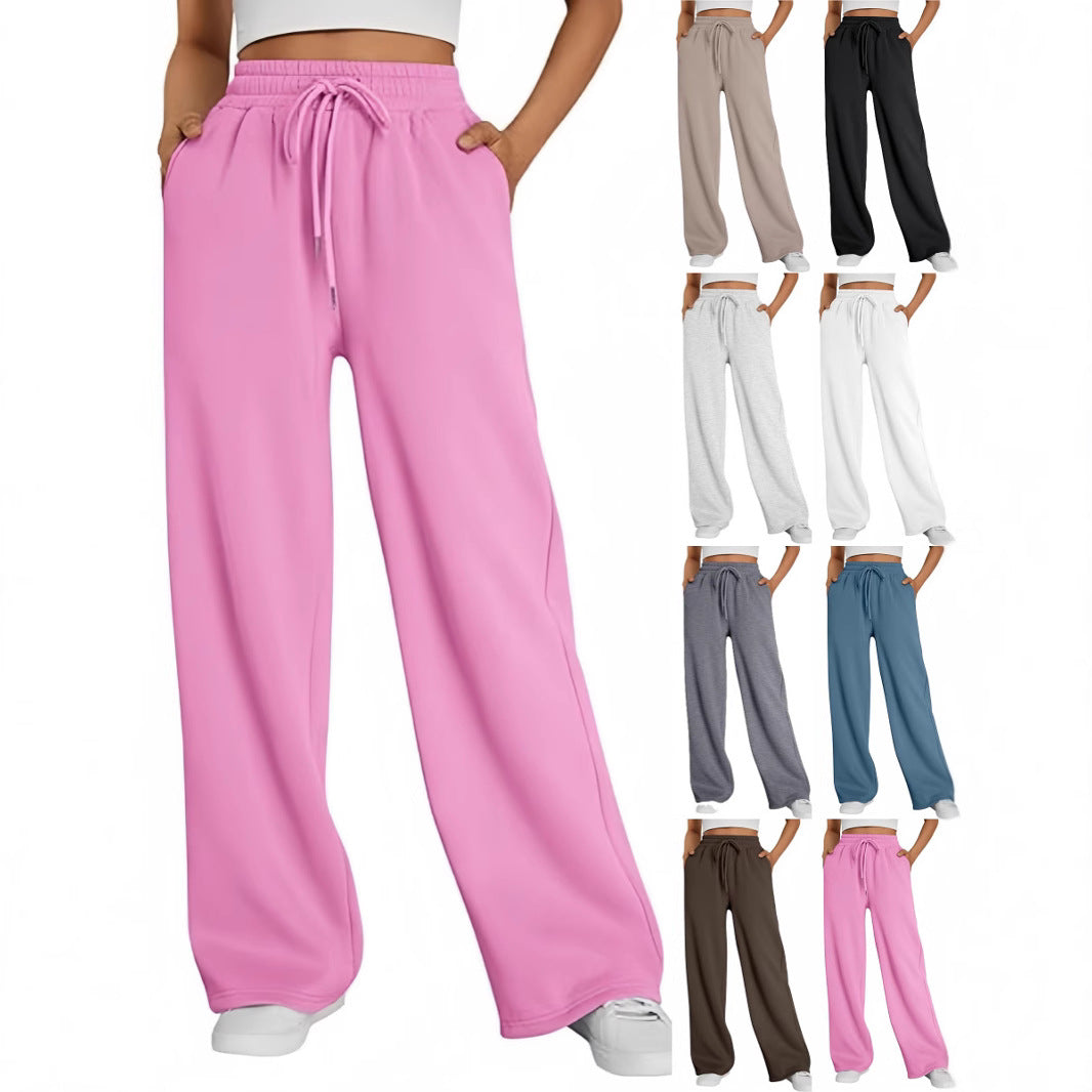 Damen nan Palazzo-Loungehose mit hoher Taille, elastischem Bund, Kordelzug und tiefen Seitentaschen Drune