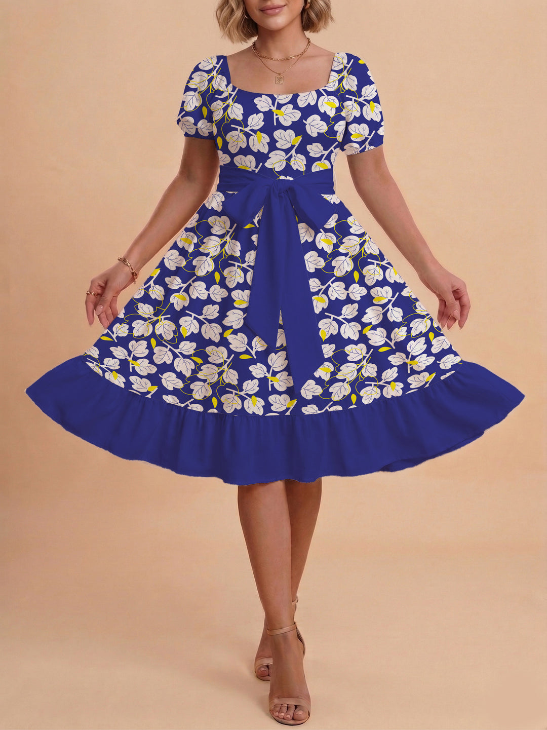 Damen Blumenkleid mit taillierbarem Gürtel und voluminösen Ärmeln Drune