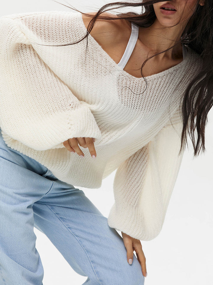 Damen lässiger Strickpullover mit weiten Ärmeln und tiefem V-Ausschnitt Drune