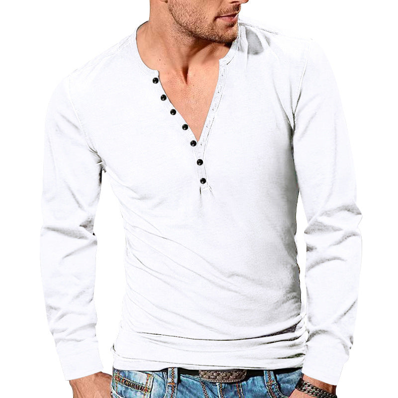 Herren nan langärmeliges Henleyshirt mit tiefer V-Knopfleiste, schmalem Slimfit und leichter Baumwollmischung Drune