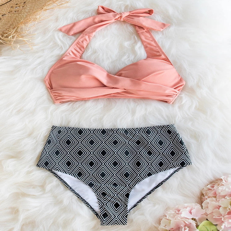 Damen High-Waist Bikini-Set mit elegantem Wickeldesign und modischem geometrischem Muster Drune