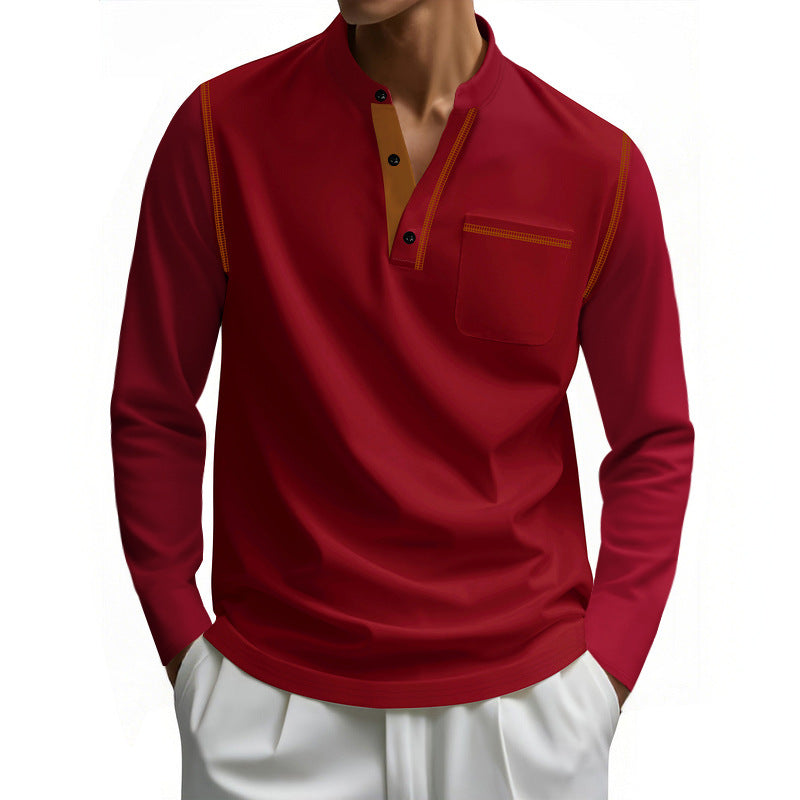Herren nan Henley-Langarmshirt mit Stehkragen, Brusttasche und kontrastierenden Ziernähten Drune