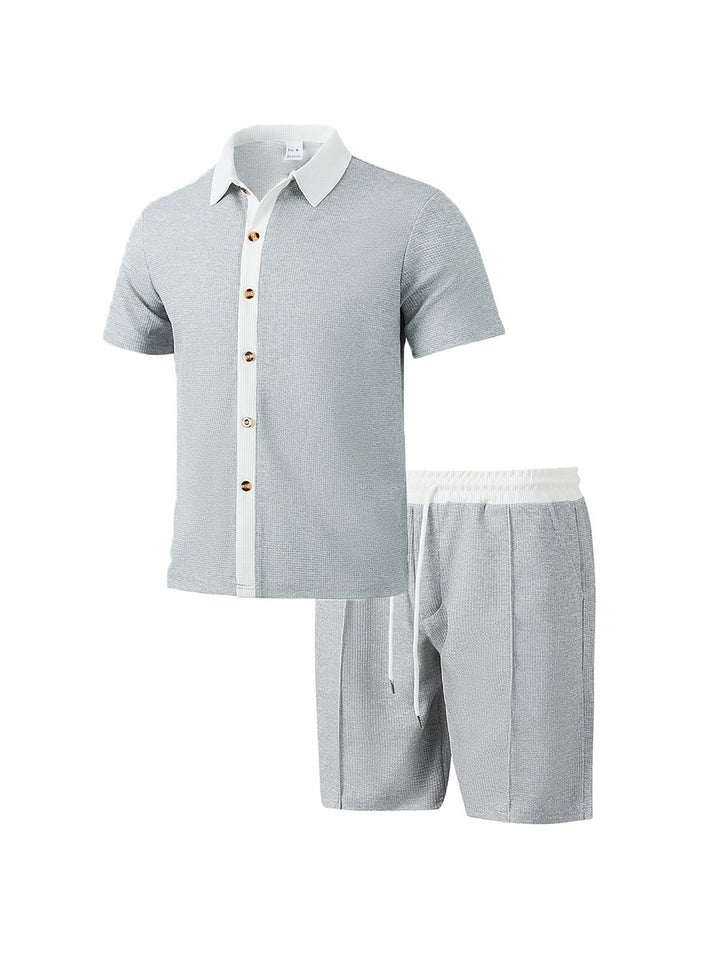 Herren nan modernes Freizeit-Set aus feinem Strukturjersey mit Hemdkragen-Knopfleiste und Kordel-Shorts Drune