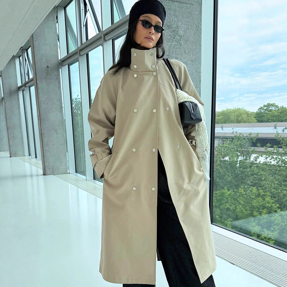 Damen elegante Trenchcoatjacke mit hohem Kragen Drune