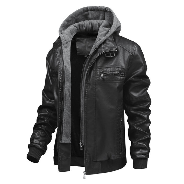 Herren Lederjacke mit abnehmbarem Kapuzen-Innenfutter Drune