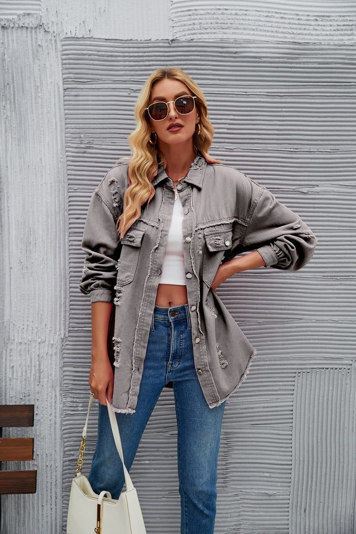 Damen Oversized Jeansjacke mit modernen Destroyed-Details Drune