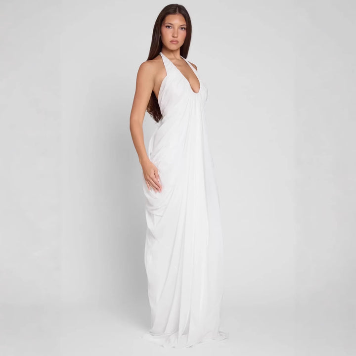 Damen Elegantes Maxikleid mit tiefem V-Ausschnitt und fließendem Drapé Drune