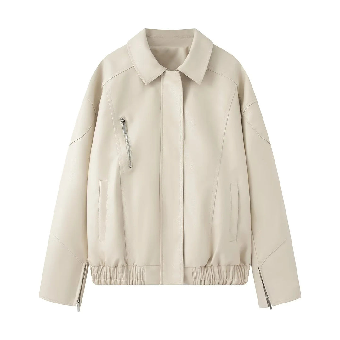 Damen modische Kunstlederjacke mit elastischem Saum und praktischen Taschen Drune