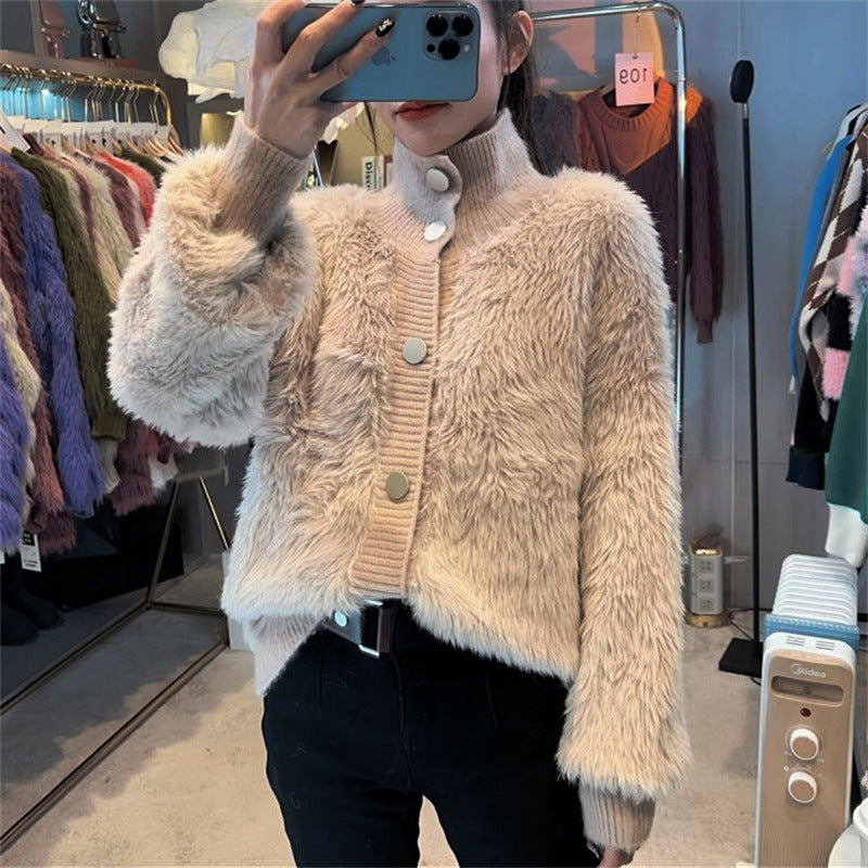 Damen kuschelige Strickjacke mit Knopfverschluss und hohem Kragen Drune