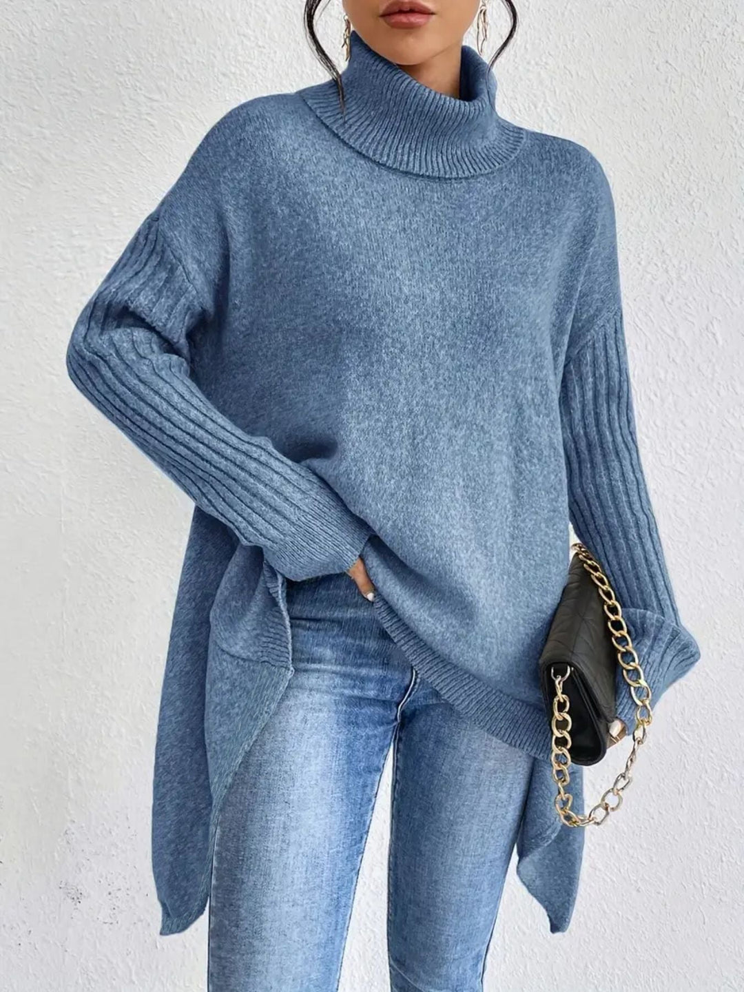 Drune | Rollkragenpullover Übergröße Passform Wollstrick Asymmetrischer Saum Gerippte Ärmel