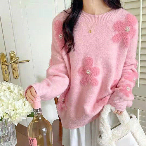 Damen kuscheliger Strickpullover mit Perlenakzenten Drune