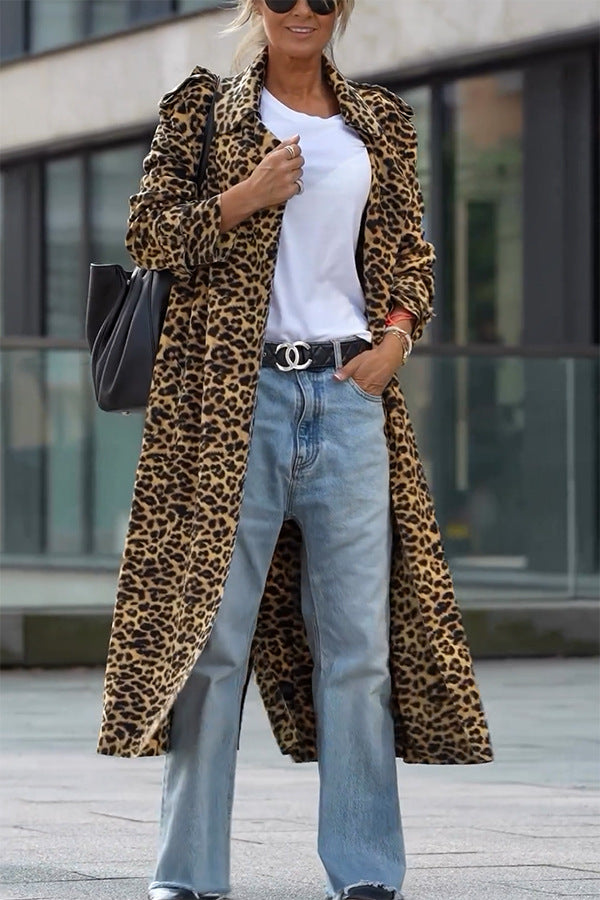 Drune | Leoparden Revers Lockerer Langer Trenchcoat