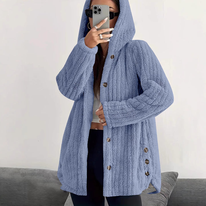 Damen kuschelige Fleecejacke mit Kapuze und Knopfverschluss Drune