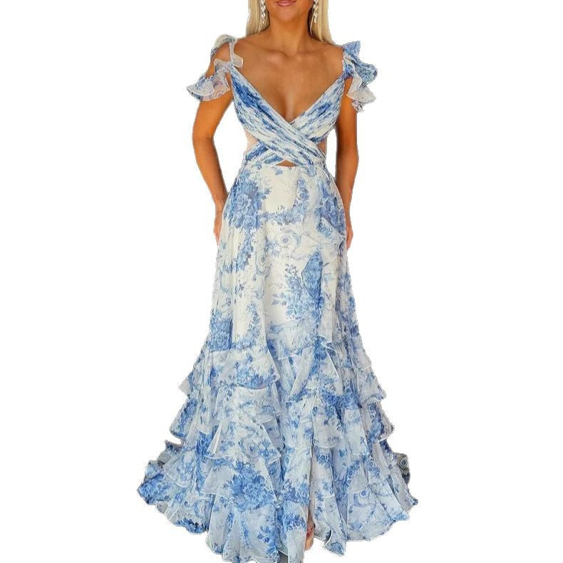 Damen Romantisches Maxikleid mit Rüschendetails und floralem Design Drune