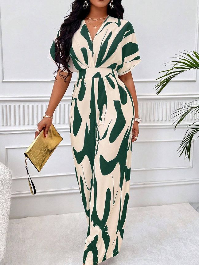 Damen Eleganter Maxijumpsuit mit tiefem V-Ausschnitt und weit geschnittenem Bein Drune