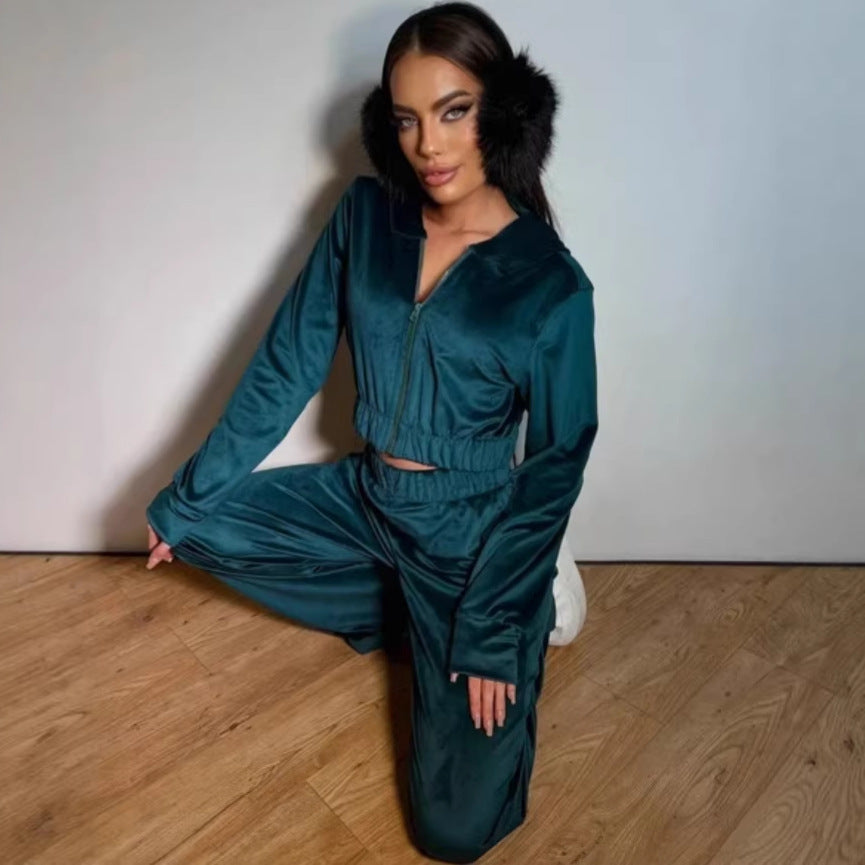 Damen Sportliches Velours-Loungewear-Set mit Kapuze und elastischem Bund Drune