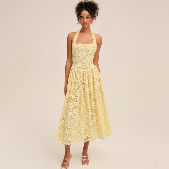 Damen Elegant Spitzenkleid mit geflochtenem Träger Drune