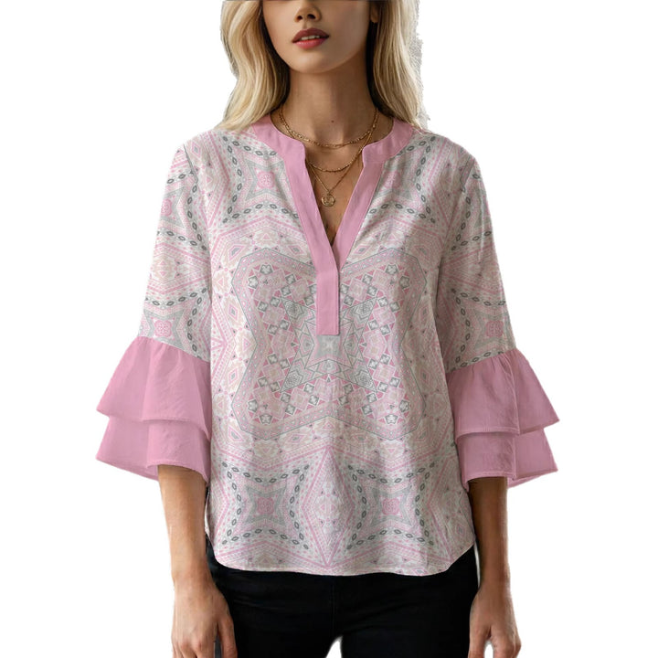 Damen Bluse mit voluminösen Rüschenärmeln und kreativem Floraldesign Drune