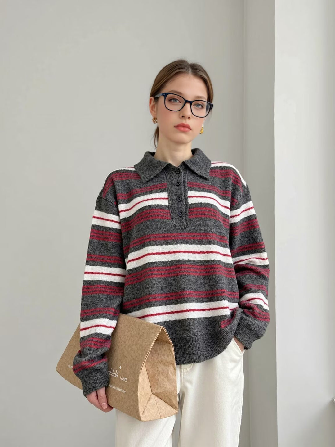 Damen modischer Strickpullover mit Polokragen und Streifenmuster Drune
