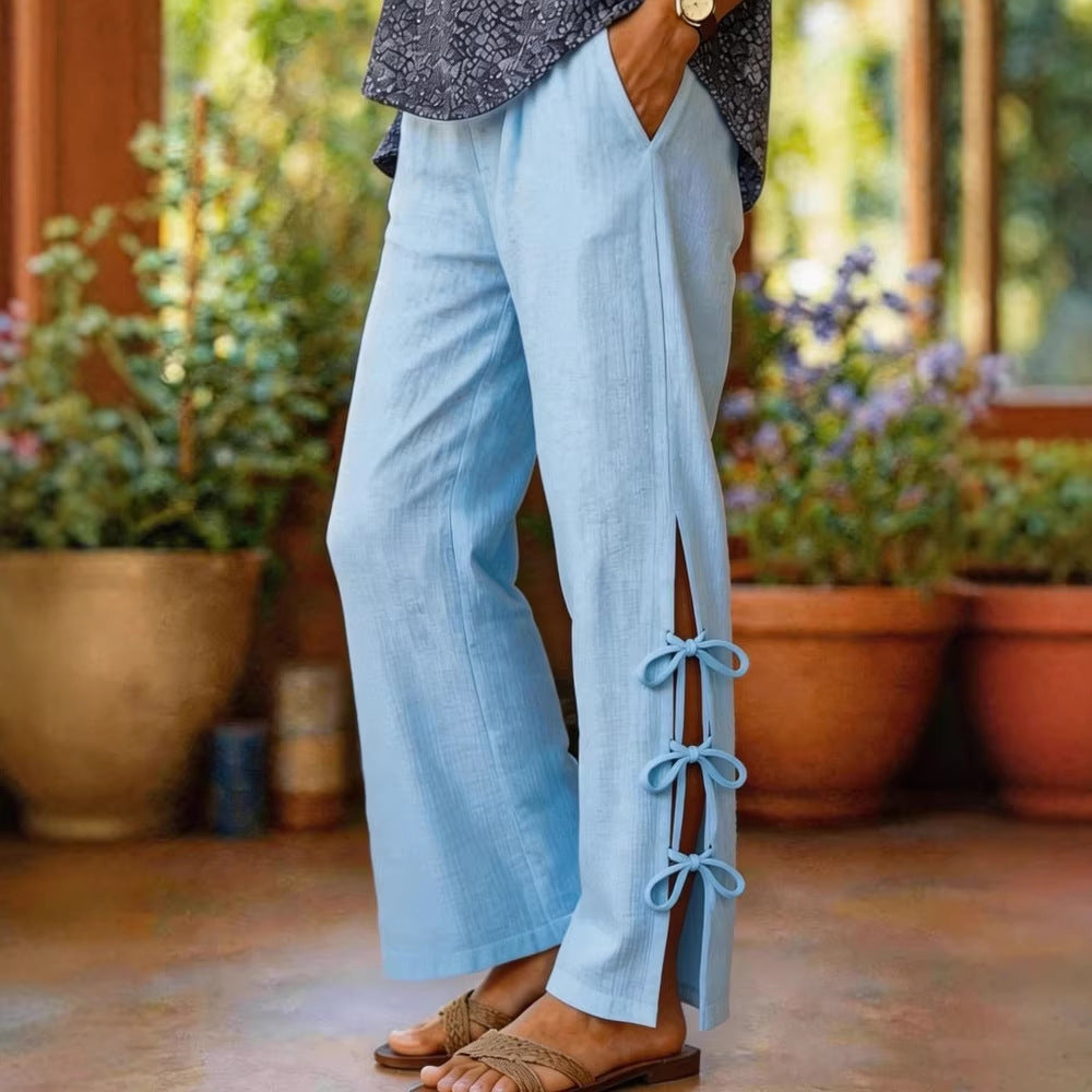 Damen Leichte Sommerhose mit seitlichen Bindegürtel undDekolleté-Schlitzen Drune